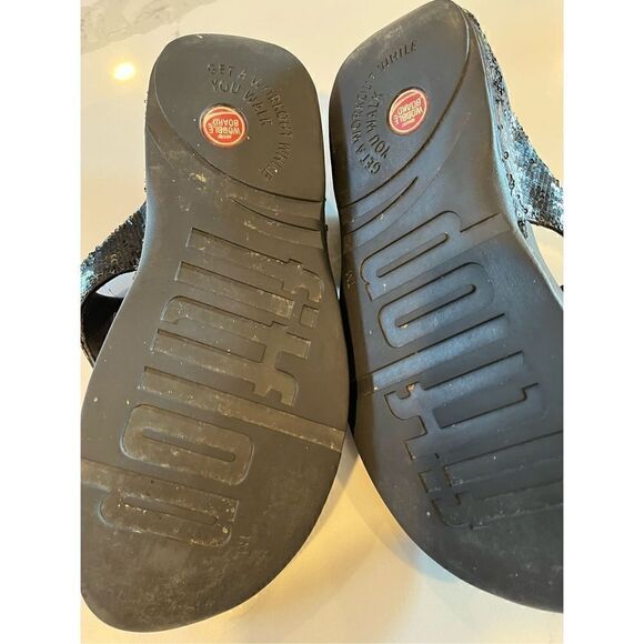 Fitflop Women’s Electra Black Sequin Slide On Sandals Sz 10 Flip Flops Wedge Hee - Picture 5 of 8